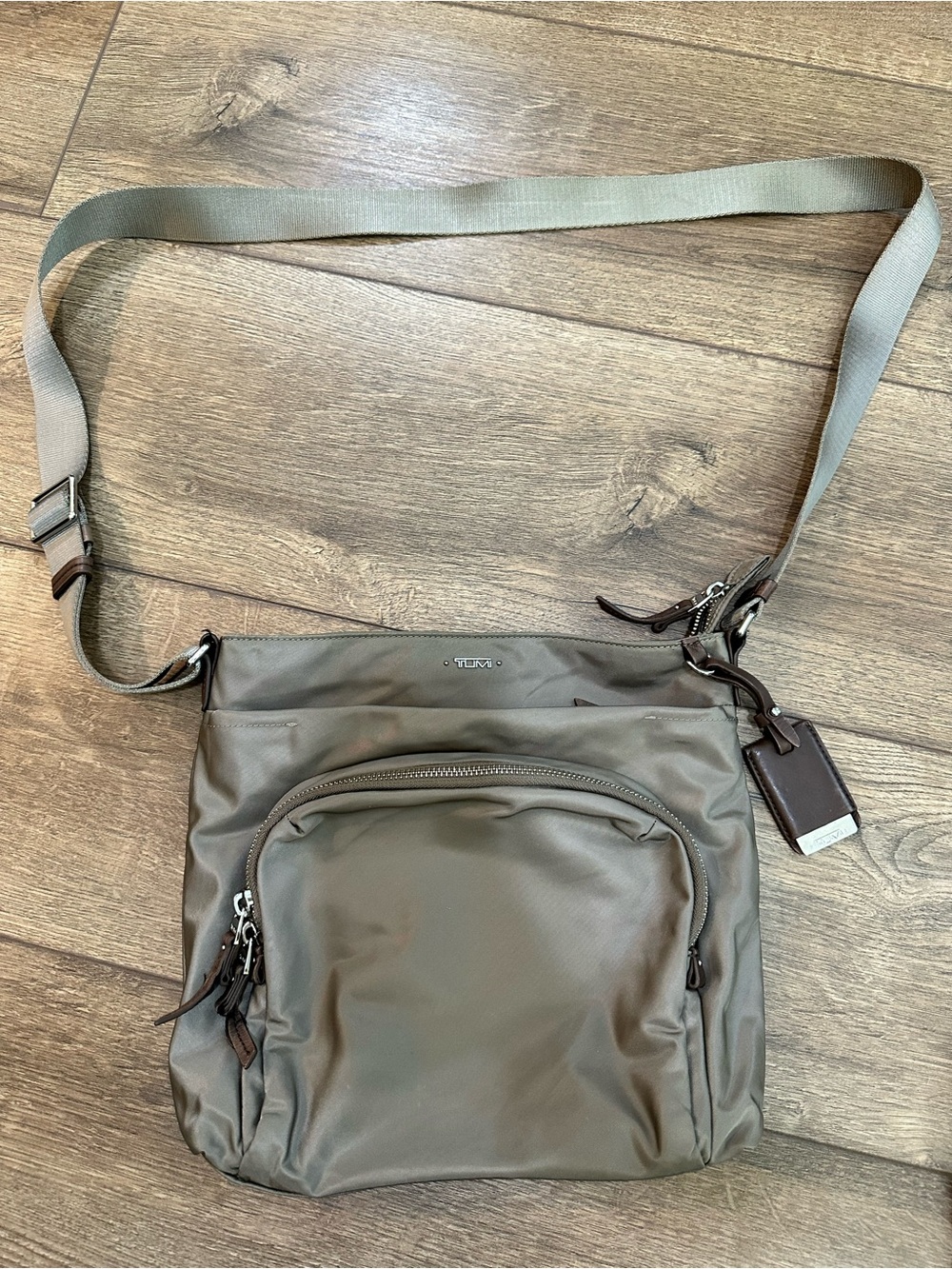 TUMI Nylon Crossbody Bag – Taupe/Gray with Brown Leather Trim